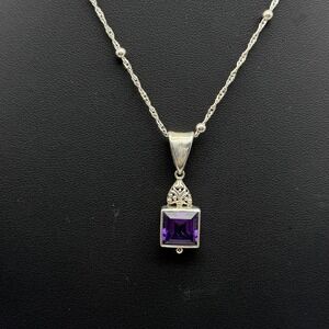 Sterling Silver Solitaire Amethyst Pendant Twisted Rope Ball Station Necklace